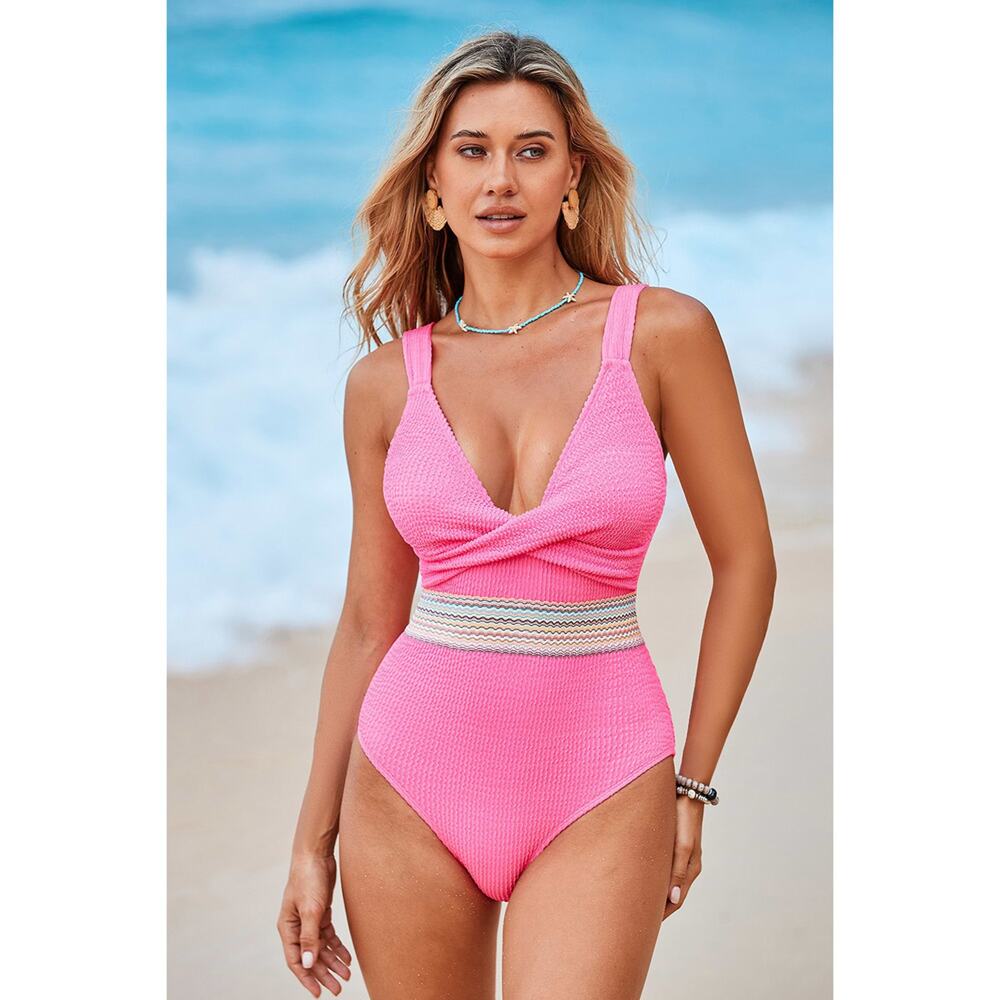 CUPSHE Hot Pink Striped One Piece Swimsuit SIZE L Twisted Front V-Neck